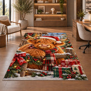 Christmas Highland Cow Rug in a home office with wooden shelves