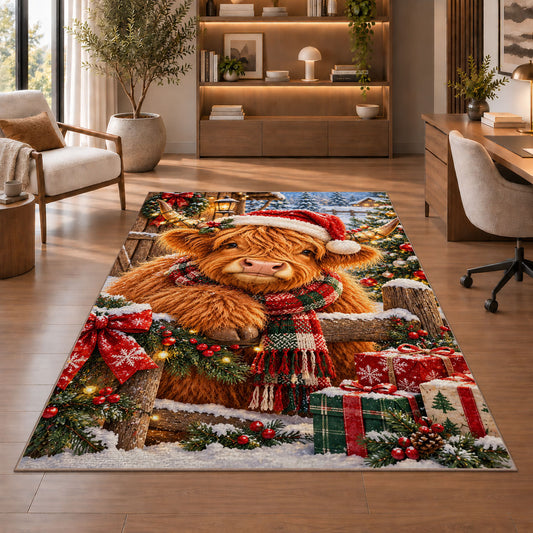 Christmas Highland Cow Rug in a home office with wooden shelves