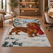 Dachshund Winter Rug in a home office with wooden shelves