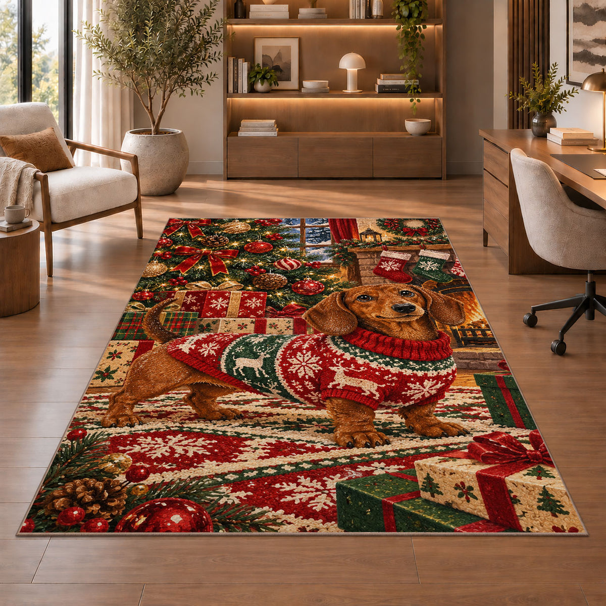 Christmas Dachshund Rug in a home office with wooden shelves