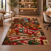Christmas Dachshund Rug in a home office with wooden shelves