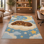Sleeping Dachshund Puppy Rug in a home office with wooden shelves