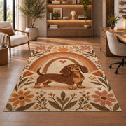 Boho Dachshund Rainbow Rug in a home office with wooden shelves