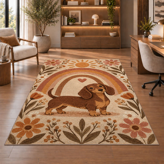 Boho Dachshund Rainbow Rug in a home office with wooden shelves