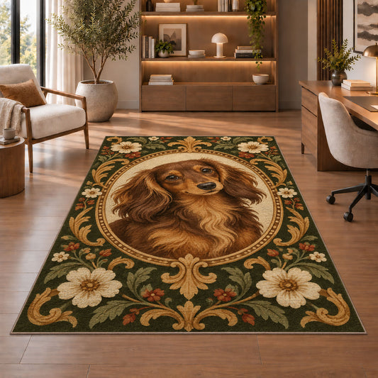 Vintage Dachshund Portrait Rug in a home office with wooden shelves