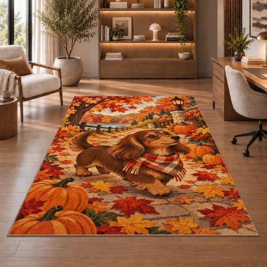 Autumn Dachshund Rug in a home office with wooden shelves