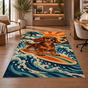 Surfing Dachshund Rug in a home office with wooden shelves