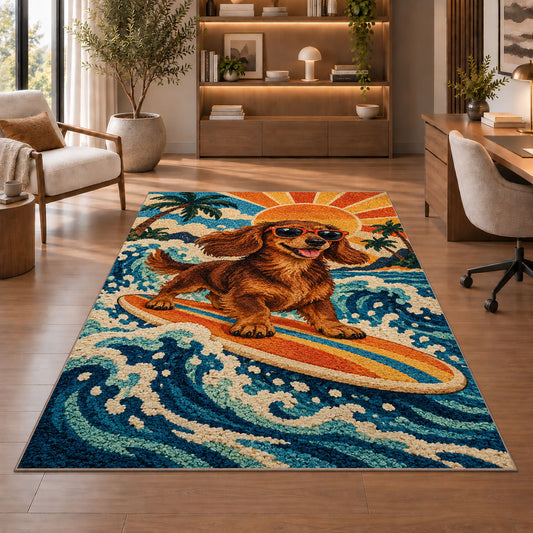 Surfing Dachshund Rug in a home office with wooden shelves
