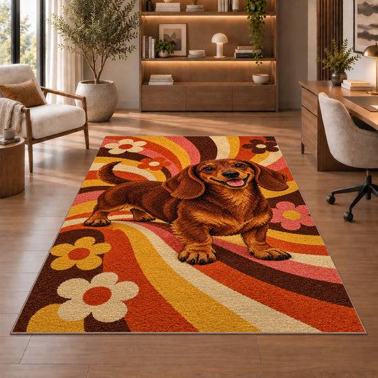 Retro Dachshund Rug in a home office with wooden shelves