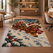 Santa Dachshund Rug in a home office with wooden shelves