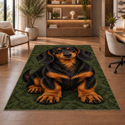Black and Tan Dachshund Rug in a home office with wooden shelves