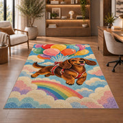 Dachshund Balloons Rug in a home office with wooden shelves