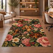 Floral Dachshund Rug in a home office with wooden shelves