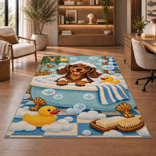 Bath Time Dachshund Rug in a home office with wooden shelves