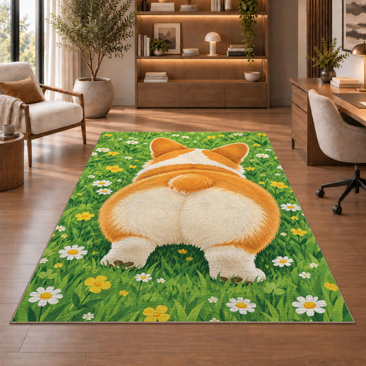 Corgi Butt Welcome rug in a home office with wooden shelves