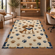 Puppy with Paw Prints and Bones rug in a home office with wooden shelves
