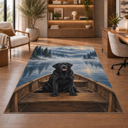 Black Lab in Rowboat rug in a home office with wooden shelves
