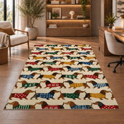 Dachshund Parade in Sweaters rug in a home office with wooden shelves