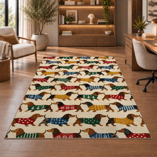 Dachshund Parade in Sweaters rug in a home office with wooden shelves