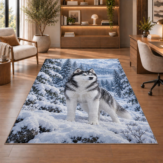 Blue-Eyed Husky in Snowy Forest rug in a home office with wooden shelves