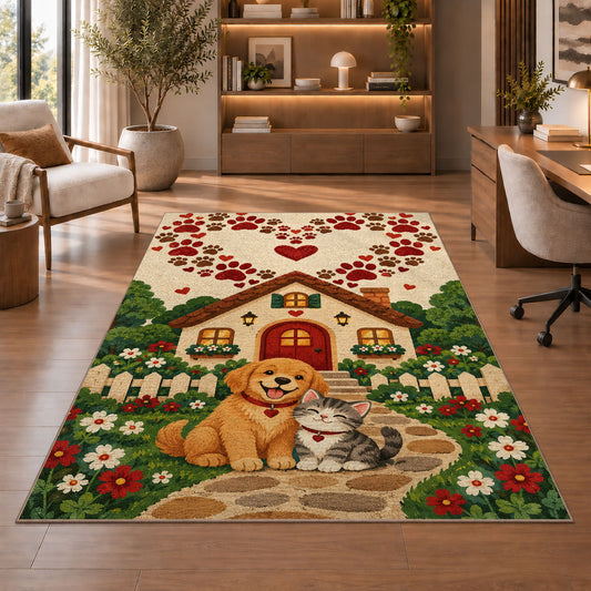 Dog and Cat Cottage Paw Heart rug in a home office with wooden shelves