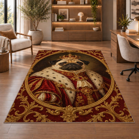 Royal Pug Portrait rug in a home office with wooden shelves