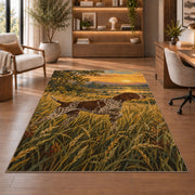 Pointer in Tall Grass at Sunrise rug in a home office with wooden shelves