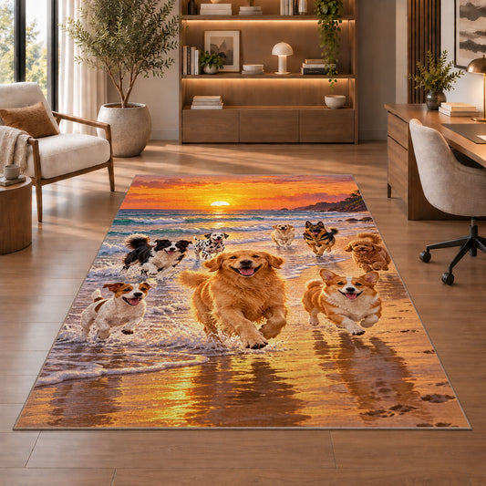 Dogs Running on the Beach rug in a home office with wooden shelves