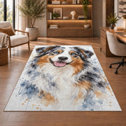 Watercolor Australian Shepherd rug in a home office with wooden shelves