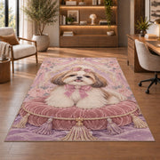 Shih Tzu on Velvet Pillow rug in a home office with wooden shelves