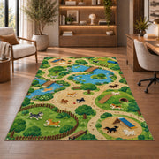 Dog Park Map rug in a home office with wooden shelves