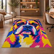 Pop Art Boxer Dog rug in a home office with wooden shelves