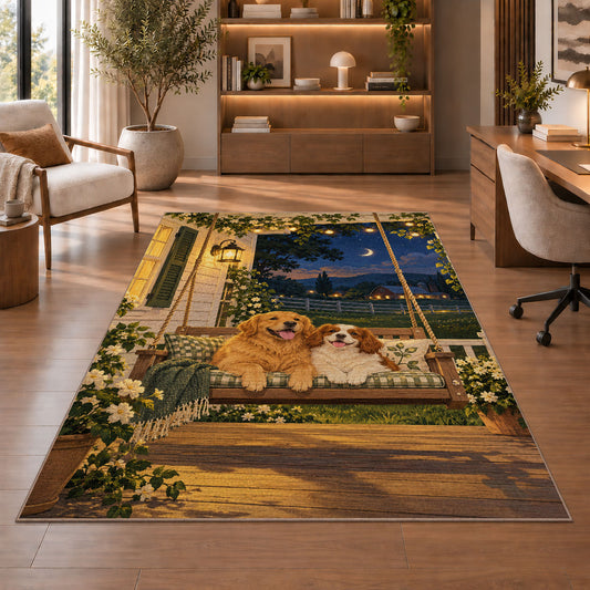 Two Dogs on Porch Swing rug in a home office with wooden shelves