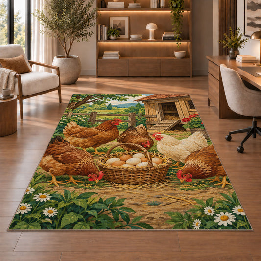 Hens and Fresh Eggs rug in a home office with wooden shelves