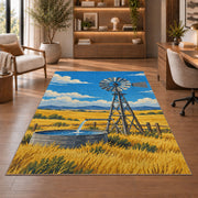 Windmill on the Prairie rug in a home office with wooden shelves