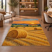 Hay Bales at Golden Hour rug in a home office with wooden shelves