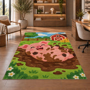 Happy Pig in Mud rug in a home office with wooden shelves