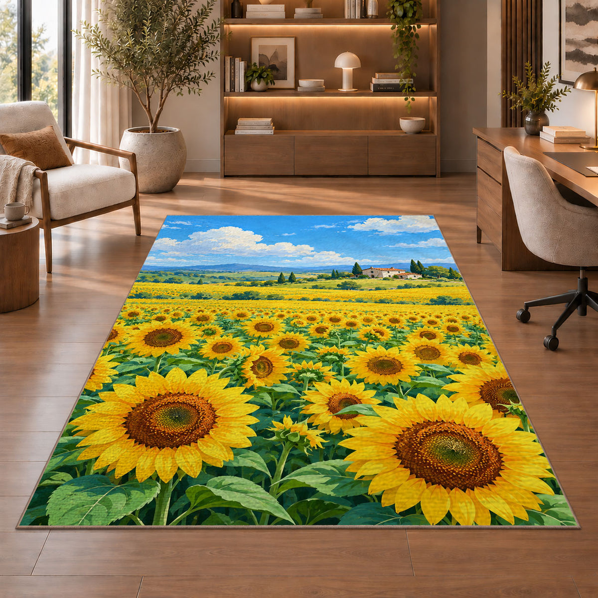 Sunflower Field Farmhouse rug in a home office with wooden shelves