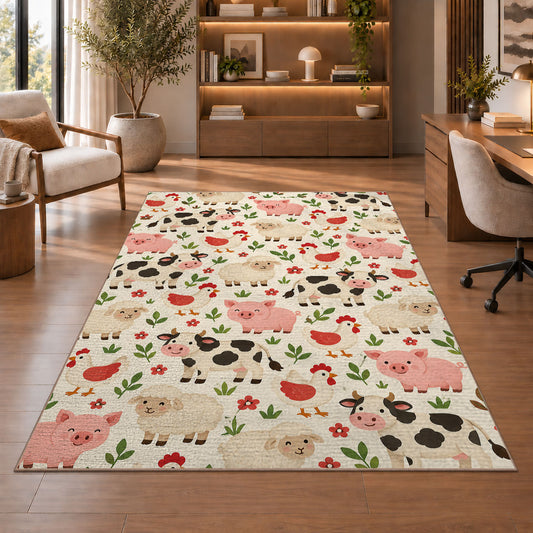 Farm Animals Pattern rug in a home office with wooden shelves