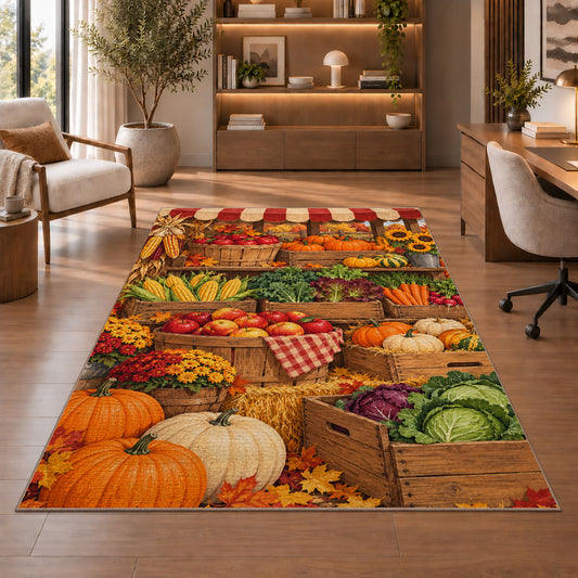 Farmers Market Stand rug in a home office with wooden shelves