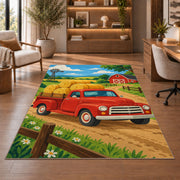 Red Pickup with Hay Bales rug in a home office with wooden shelves