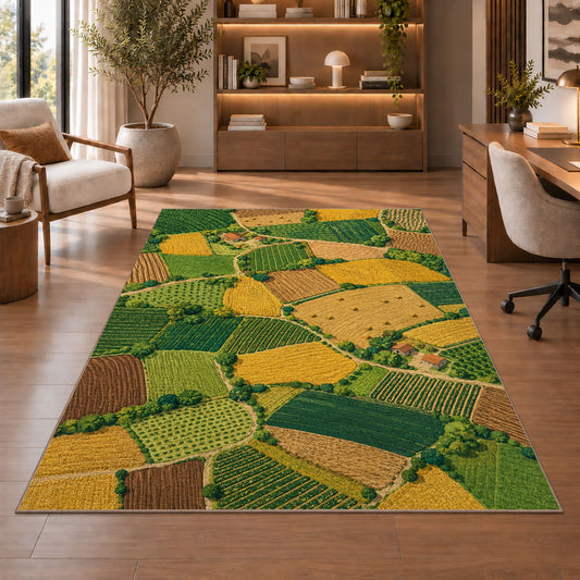 Patchwork Farm Fields Aerial rug in a home office with wooden shelves