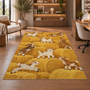 Goats on Hay Bales rug in a home office with wooden shelves