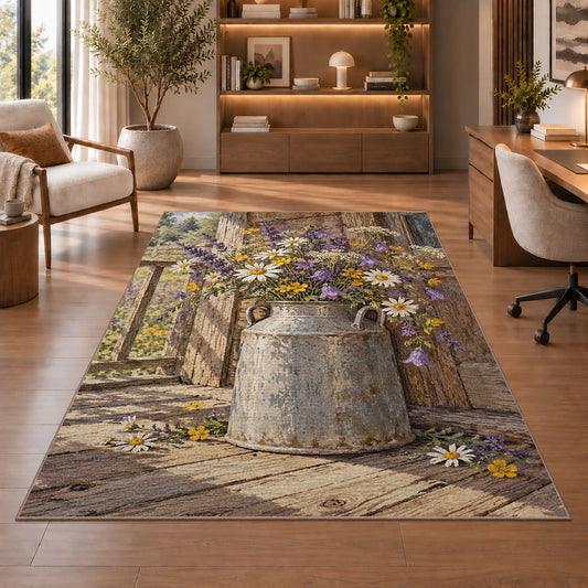 Milk Can with Wildflowers rug in a home office with wooden shelves