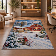 Snowy Farm at Christmas rug in a home office with wooden shelves