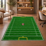 Football Field rug in a home office with wooden shelves