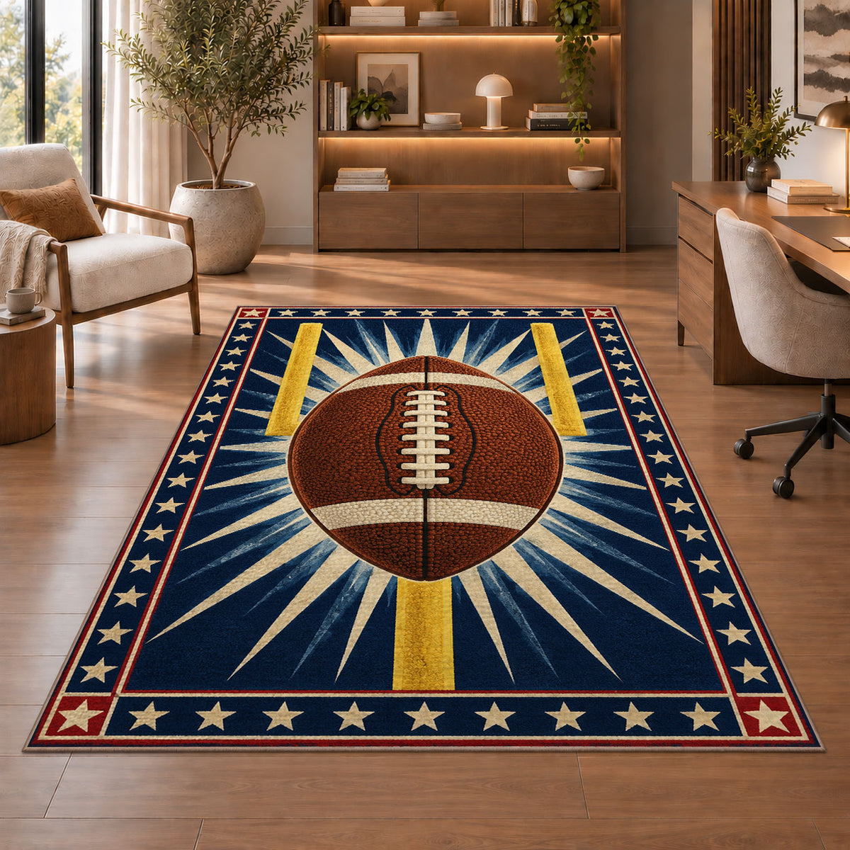 Starburst Football rug in a home office with wooden shelves