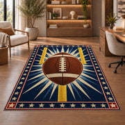 Starburst Football rug in a home office with wooden shelves