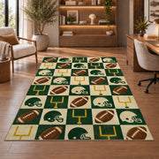 Checkered Football rug in a home office with wooden shelves