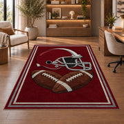 Football Helmet rug in a home office with wooden shelves